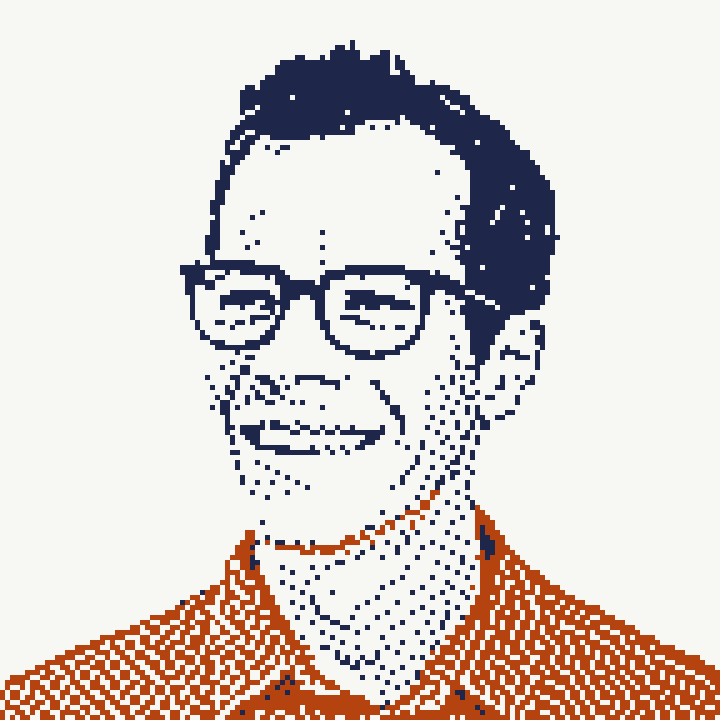 Pixel portrait of Trey Dunn smiling, in glasses and an orange shirt